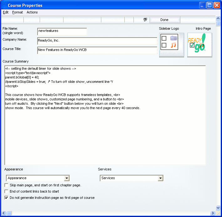 Layout of main/introduction page dialog 