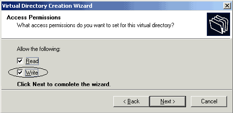Enable write-privileges for the virtual FTP directory 